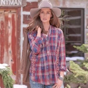 Sundance Plaid Button-Up Vneck Embroidered Long Sleeve Western Top Medium